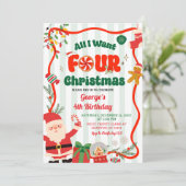 Green and Red Retro Christmas Winter 4th Birthday 招待状 (スタンド正面)