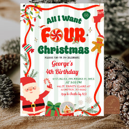 Green and Red Retro Christmas Winter 4th Birthday 招待状