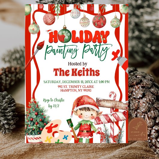 Green and Red Retro Kid's Holiday Painting Party 招待状