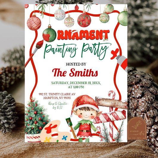 Green and Red Retro Kid's Ornament Painting Party 招待状