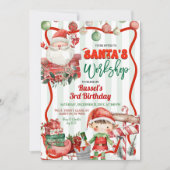 Green and Red Retro Santa's Workshop Birthday 招待状 (正面)