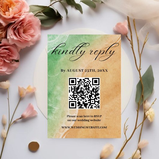 Green and Sand Shore Beach Wedding RSVP card  エンクロージャーカード