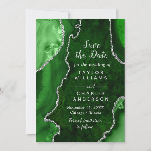Green and Silver Agate Marble Save The Date 招待状 (正面)