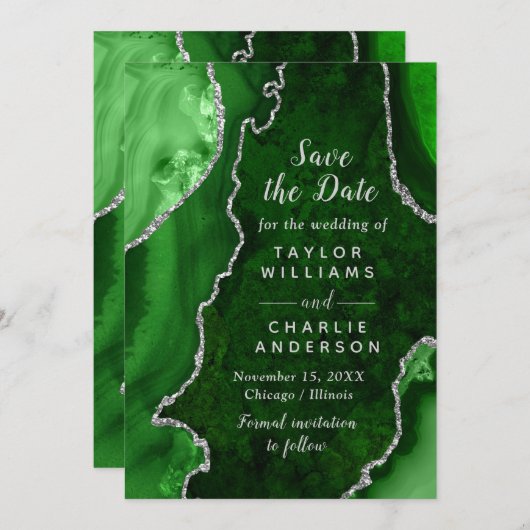 Green and Silver Agate Marble Save The Date 招待状 (正面/裏面)