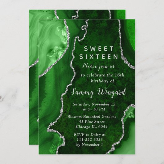 Green and Silver Agate Marble Sweet Sixteen 招待状 (正面/裏面)