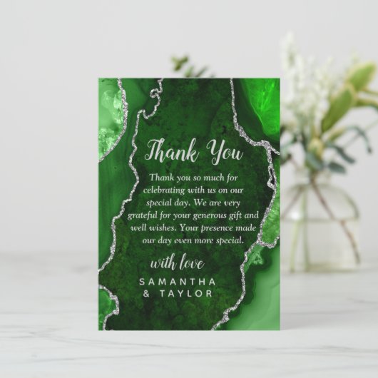 Green and Silver Agate Marble Wedding サンキューカード (スタンド正面)