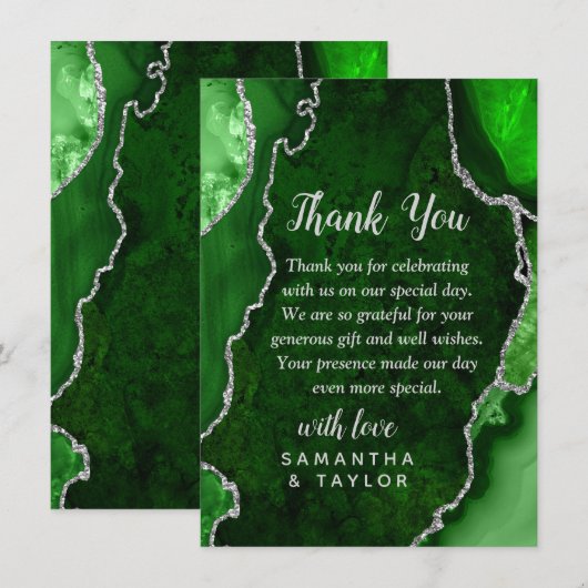 Green and Silver Agate Marble Wedding Thank You サンキューカード (正面/裏面)