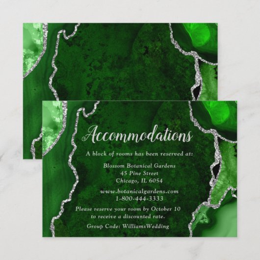 Green and Silver Agate Wedding Accommodations エンクロージャーカード (正面/裏面)