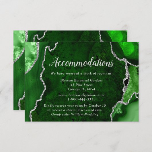 Green and Silver Agate Wedding Accommodations エンクロージャーカード (正面/裏面)