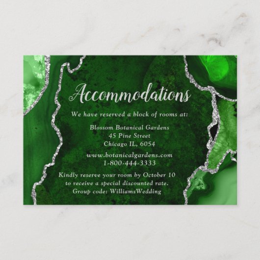 Green and Silver Agate Wedding Accommodations エンクロージャーカード (正面)