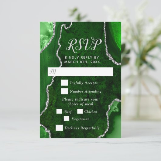 Green and Silver Agate Wedding Meal Choice 出欠カード (スタンド正面)
