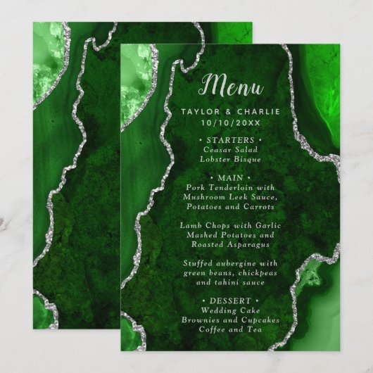 Green and Silver Agate Wedding Menu メニュー (正面/裏面)