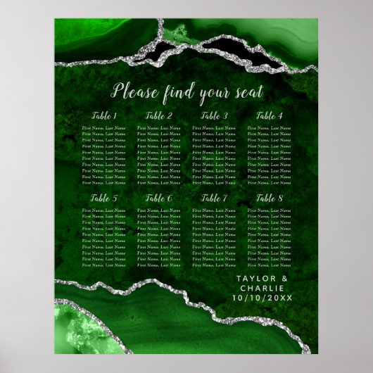 Green and Silver Agate Wedding Seating Chart ポスター (正面)