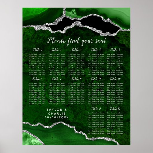 Green and Silver Agate Wedding Seating Chart ポスター (正面)