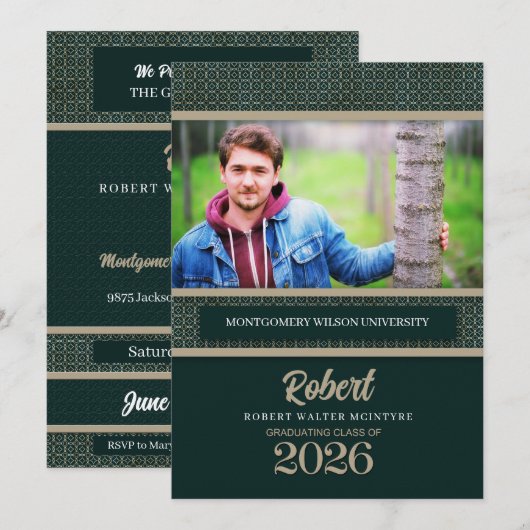 Green and Taupe Graduation Class 2025写真 招待状 (正面/裏面)