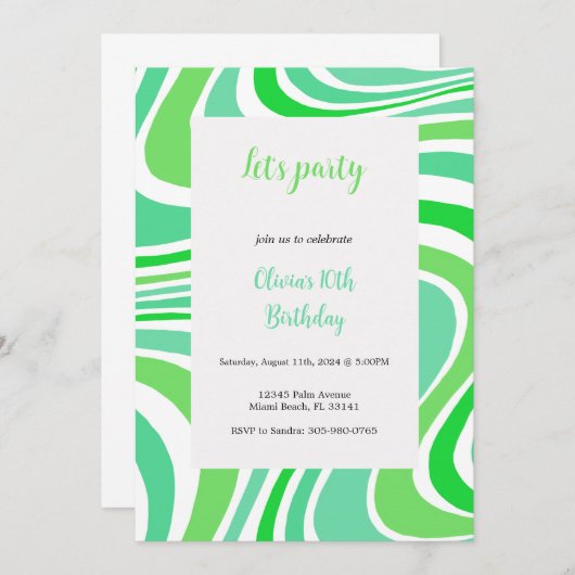 green and turquoise groovy invitation 招待状 (正面/裏面)