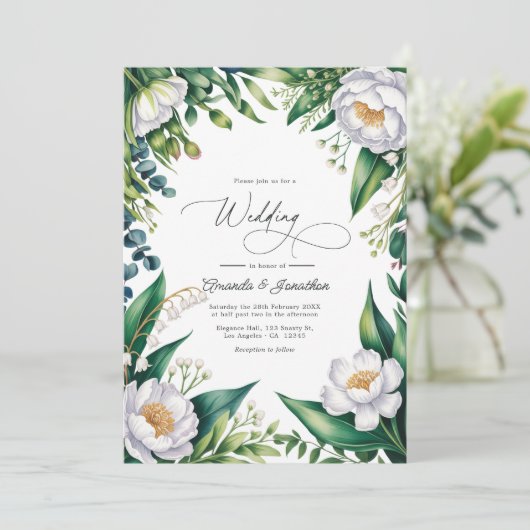 Green and White Botanical Floral Wedding QR Code 招待状 (スタンド正面)