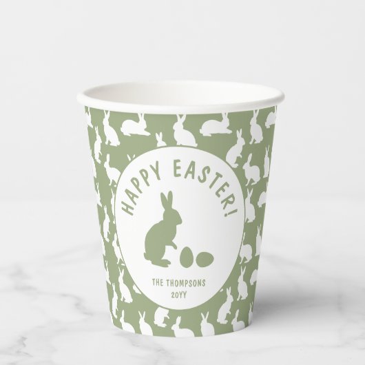 Green And White Bunny Rabbit Pattern Happy Easter 紙コップ (正面)