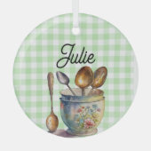 "Green and White Checkered - Spoons in Cup ガラスオーナメント (正面)