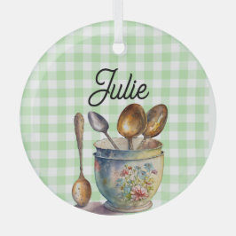 "Green and White Checkered - Spoons in Cup ガラスオーナメント