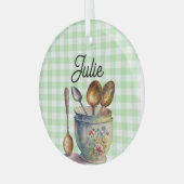 "Green and White Checkered - Spoons in Cup ガラスオーナメント (正面左)