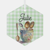 "Green and White Checkered - Spoons in Cup ガラスオーナメント (正面)