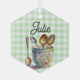 "Green and White Checkered - Spoons in Cup ガラスオーナメント