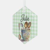 "Green and White Checkered - Spoons in Cup ガラスオーナメント (正面左)