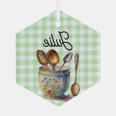 "Green and White Checkered - Spoons in Cup ガラスオーナメント (裏面)