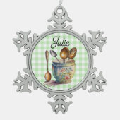 "Green and White Checkered - Spoons in Cup スノーフレークピューターオーナメント (正面)