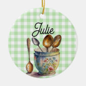"Green and White Checkered - Spoons in Cup セラミックオーナメント (正面)