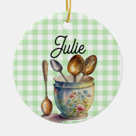 "Green and White Checkered - Spoons in Cup セラミックオーナメント