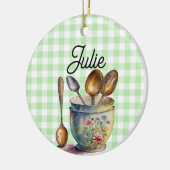 "Green and White Checkered - Spoons in Cup セラミックオーナメント (左)