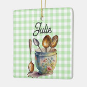 "Green and White Checkered - Spoons in Cup セラミックオーナメント (左)