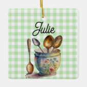 "Green and White Checkered - Spoons in Cup セラミックオーナメント (正面)