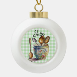 "Green and White Checkered - Spoons in Cup セラミックボールオーナメント