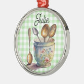 "Green and White Checkered - Spoons in Cup メタルオーナメント (左)