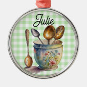 "Green and White Checkered - Spoons in Cup メタルオーナメント (正面)