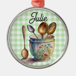 "Green and White Checkered - Spoons in Cup メタルオーナメント