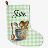 "Green and White Checkered - Spoons in Cup ラージクリスマスストッキング (正面)