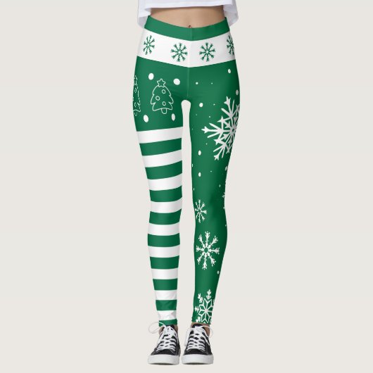 Green and White Christmas Leggings with Snowflakes レギンス (正面)