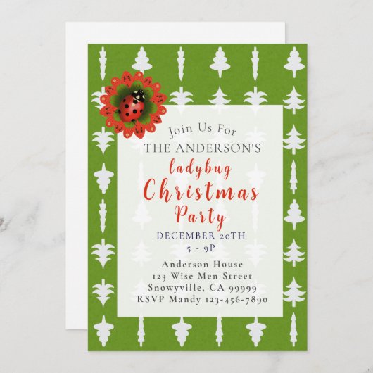 Green and White Christmas Tree Ladybug Party 招待状 (正面/裏面)