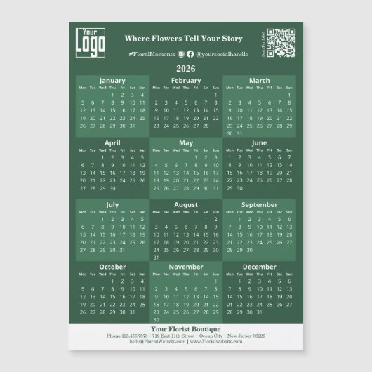 Green and White Custom Logo 2026 Calendar Magnet (正面)