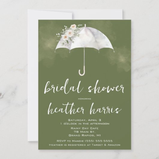 Green and White Floral Umbrella Bridal Shower 招待状 (正面)