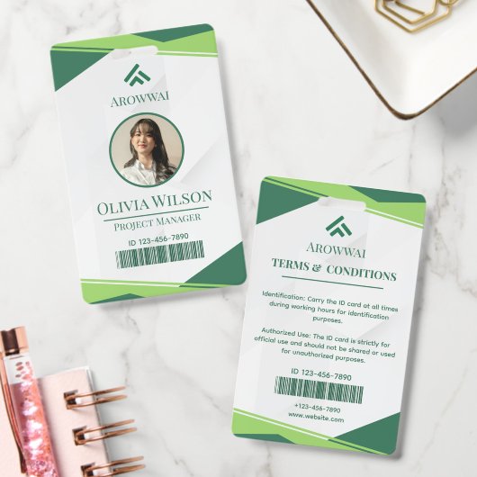 Green and White Geometric Custom Photo バッジ (オフィス)