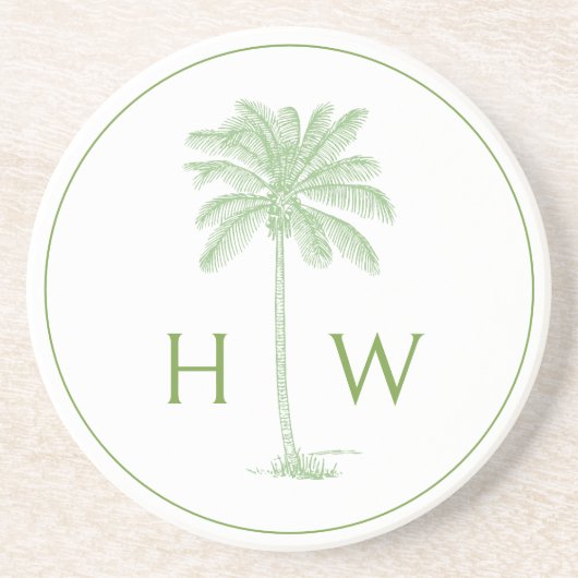 Green and White Palm Palmetto Tree Monogram コースター (正面)