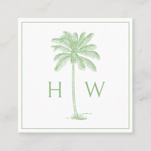 Green and White Palm Palmetto Tree Monogram スクエア名刺 (正面)
