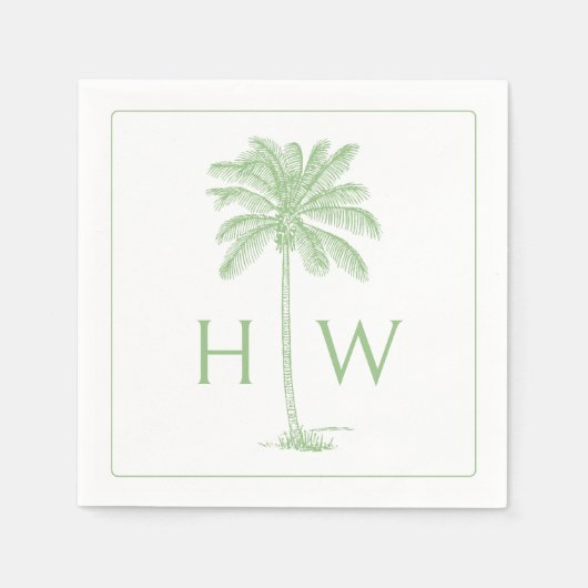 Green and White Palm Palmetto Tree Monogram スタンダードカクテルナプキン (正面)