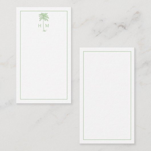 Green and White Palm Palmetto Tree Monogram ノートカード (正面/裏面)
