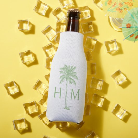 Green and White Palm Palmetto Tree Monogram ボトルクーラー (インサイチュ 夏)